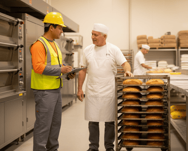 Quality control inspector taking notes while talking to a baker in a commercial bakery facility with bread racks.