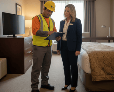 A hotel manager and construction worker reviewing a clipboard during a room renovation.