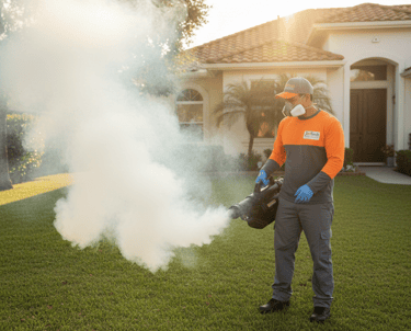 Professional pest control technician spraying mosquito fog treatment on a residential lawn.