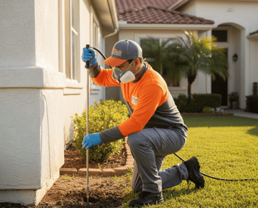 A professional pest control technician wearing protective gear applies termite treatment to a residential yard.