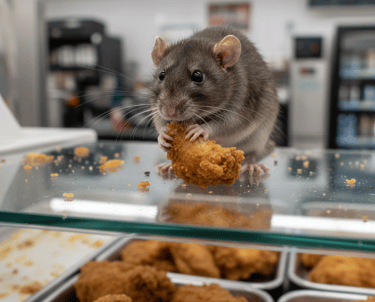 A brown rat eating a piece of crispy fried chicken on a glass counter in a commercial kitchen.