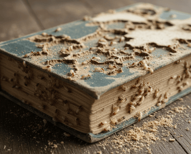 Termite infestation damaging an old book with visible wood-destroying insects and sawdust debris.