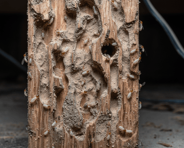 Termite infestation showing active worker termites eating through a damaged wooden support beam.