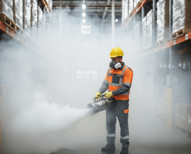 Technician in protective gear uses a thermal fogging machine for pest control in a large warehouse.