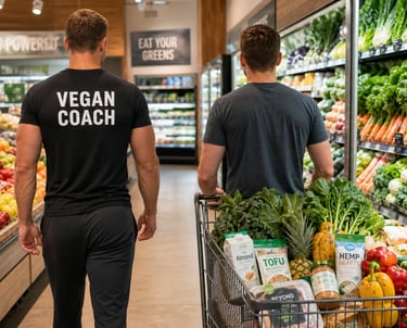 vegan coach teaching his client how to shop for plant based foods