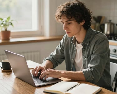 A calm workspace with a laptop, notebook, and a cup of coffee, symbolizing focused planning and clarity.