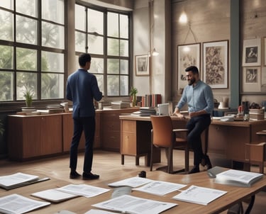 A professional consultant discussing franchise investment plans with a client over documents.