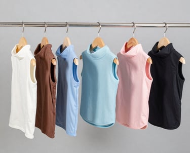 Una variedad de coloridas blusas de cuello alto sin mangas colgando de un perchero.