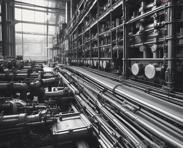 Black and white minimalist photo of a confident business team discussing strategy around a sleek conference table.