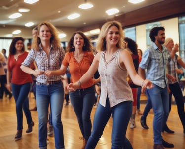 A lively group of diverse people dancing line dance outdoors with smiles and colorful outfits.
