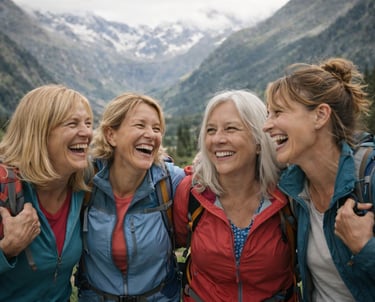 cuatro mujeres riendo en un  paseo de montaña
