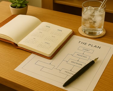 A high-quality, open cognac leather planner resting on a white oak desk.