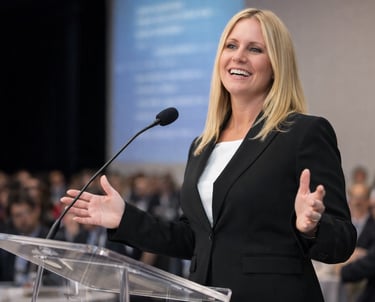 A blonde female professional in a black blazer speaking at a podium during a conference event.