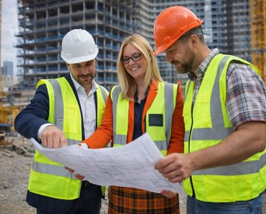Civil engineers and architects wearing hard hats and safety vests review blueprints at a construction site.
