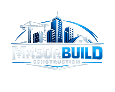 MasorBuild Construction logo featuring blue skyscrapers, a house, and a crane on a black background.