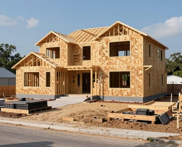 Wide shot of a professional residential construction site in North America, showing the precision framing of a custom house, bright daylight, organized and efficient.