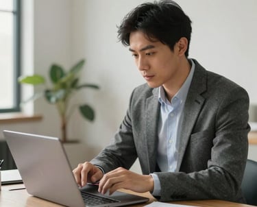 A focused project manager in professional North American business casual attire reviewing a schedule on a laptop in a bright home office.