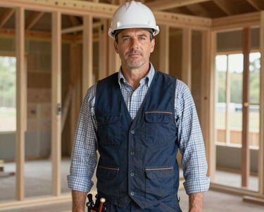 Portrait of a master builder in North American professional attire, standing in front of an unfinished high-end home frame.