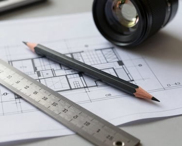 A close-up shot of architectural blueprints with a modern graphite pencil and an engineering ruler on a light gray table.