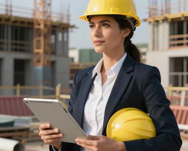 Portrait-style photo of a professional female architect in North American attire, standing on a construction site with a tablet and a hard hat.