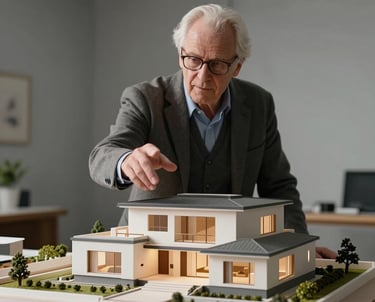 A senior architectural designer gesturing toward a 3D physical model of a luxury house in a studio with soft gray walls.