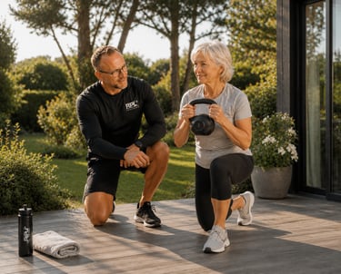 Coach RPL+ avec sa cliente sur terrasse à domicile lors d'un entrainement force fonctionnele.