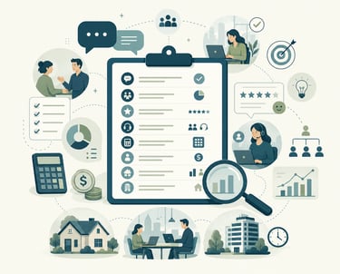 Business management illustration showing project planning, data analytics, and customer service icons.