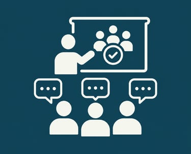 White flat icon representing a business presentation, corporate training, and team collaboration on a dark blue background.