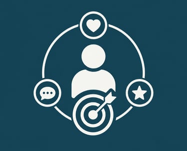 Customer persona icon featuring a person with target, heart, star, and speech bubble symbols.