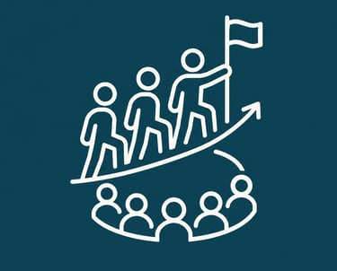 White line icon of a business team achieving goals and growth on a blue background.