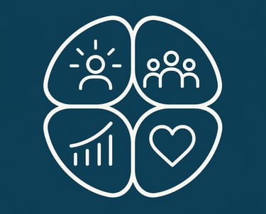 White line icons for leadership, team collaboration, growth charts, and heart health on a blue background.