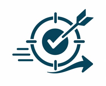 A blue goal target icon with an arrow hitting the bullseye and a checkmark for business success.