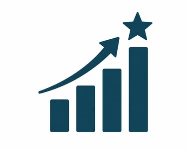 A blue bar chart icon showing upward growth with a rising arrow and a star symbol.