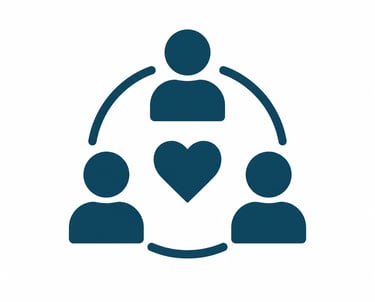 Blue social icon of three people in a circle around a heart symbolizing community care and support.