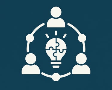 Flat icon of people connected in a circle around a puzzle light bulb symbol for team collaboration and innovation.