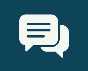 White chat bubble icon representing customer support and online messaging on a dark blue background.