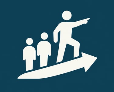 Business leadership icon showing a mentor leading a team on an upward growth arrow.