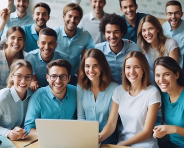 A vibrant marketplace scene with diverse business owners exchanging ideas under turquoise and blue banners.