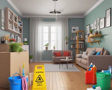 A professional cleaner vacuuming a cozy living room in a home.