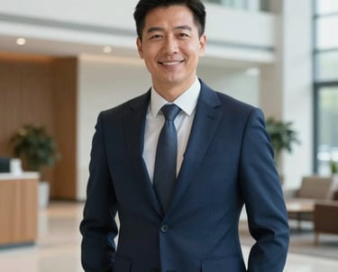 A professional portrait of a male executive in a sharp navy blue suit, standing in a bright North American corporate office lobby. He has an authoritative and welcoming expression.