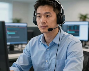 A professional portrait of a male freight broker wearing a headset and a light blue shirt, sitting in a modern US-based office with digital displays in the blurred background.