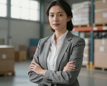 A professional portrait of a female logistics manager in a business casual outfit, standing in a clean, modern warehouse environment with soft natural lighting coming from high windows.
