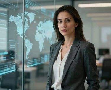 A professional portrait of a female data analyst in a smart-casual blazer, standing in front of a glass wall with digital data and map overlays reflected subtly in the glass.