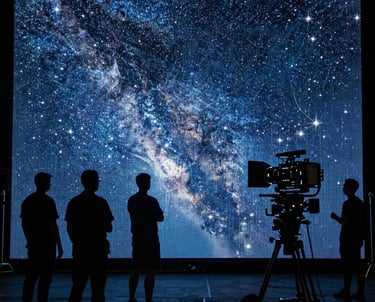 A dark North American production set with a large LED volume background displaying a steel blue starfield. Professional crew members silhouette against the light.