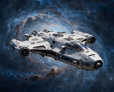 Hyper-realistic 3D rendering of a futuristic spaceship flying through a dense nebula. Dark blue and steel blue palette with light gray highlights, capturing a sense of speculative science storytelling.