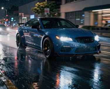 Cinematic photography of a high-speed car chase in a rain-slicked North American city at night, with dramatic steel blue reflections on the pavement.