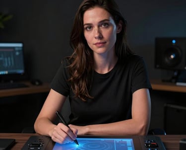Portrait of a female 3D animator in a dark studio. Her face is softly lit by the steel blue glow of a professional graphics tablet. North American / English-speaking professional.