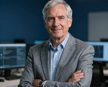 Portrait of a senior developer in a high-tech office. Dark blue background with soft light gray highlights on their professional attire. North American setting.