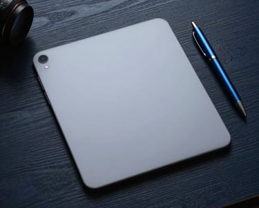 A top-down view of a designer's desk in a dark studio. A light gray tablet and steel blue pen glow against a dark navy wooden surface. Clean, professional composition.