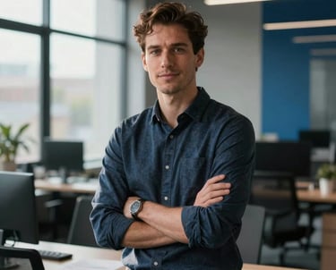 A professional portrait of a tech-savvy creative in a modern office. Soft cinematic backlighting from a large window, deep shadows, and steel blue accents in the background decor.